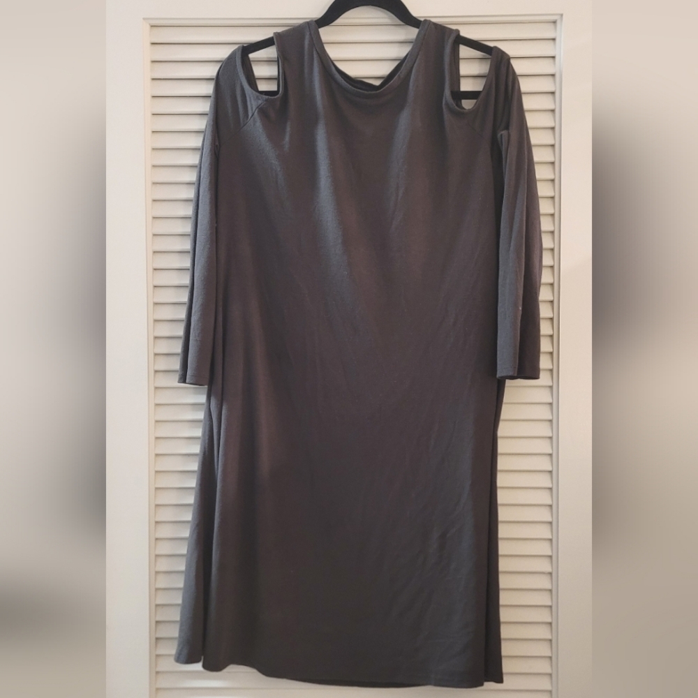 Zenana Premium- Grey Cold-Shoulder Midi Long-Sleeve Dress